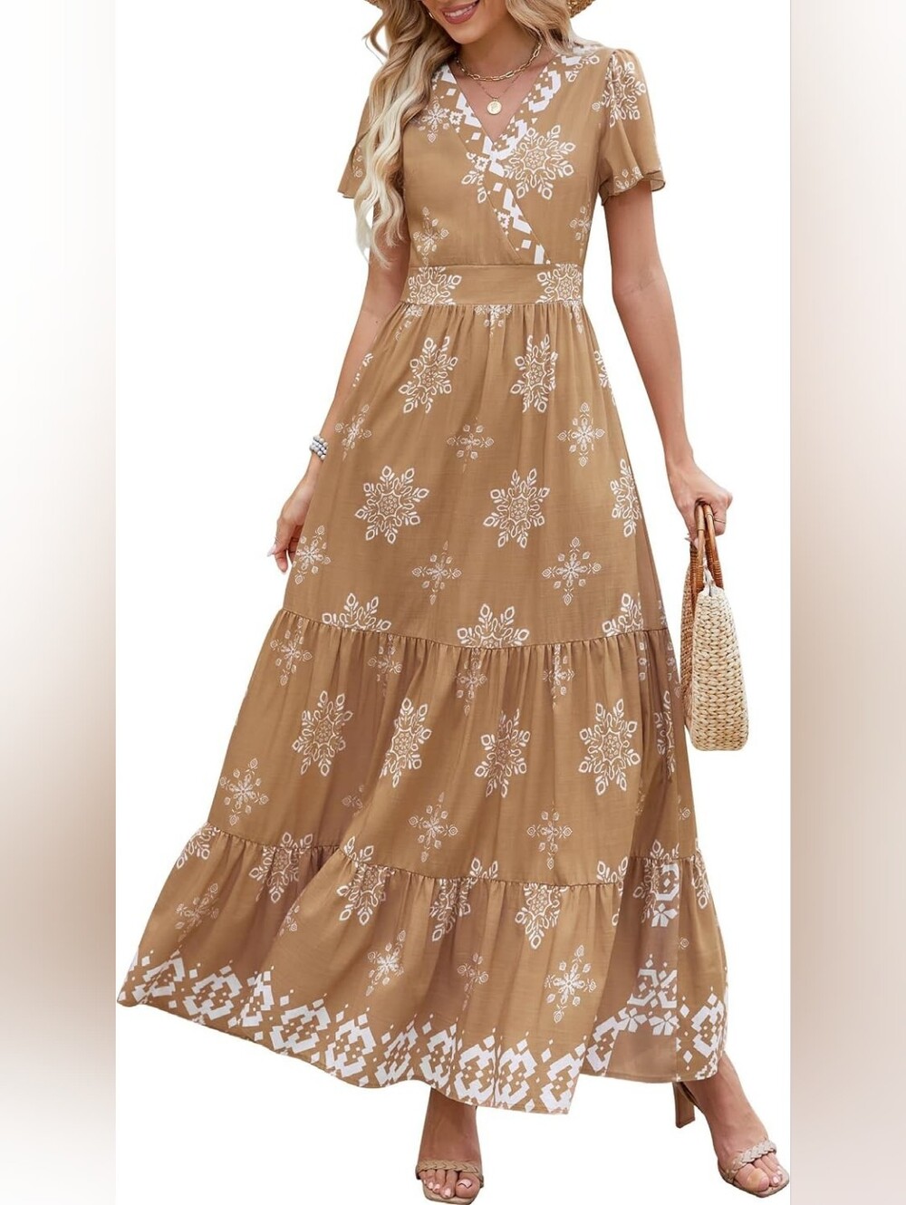 Boho Maxi Dress in Tan with White Print
